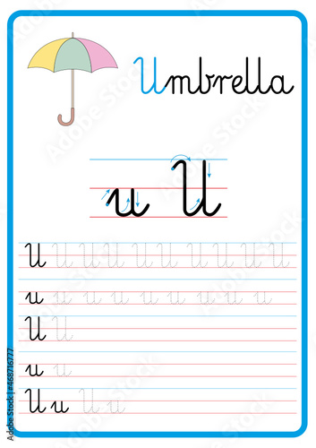 Plansza do nauki pisania liter alfabetu, litera u