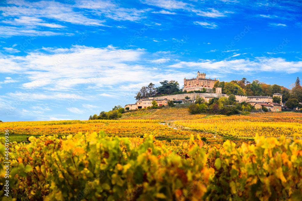 Yellow leaves and castle in Beaujolais land