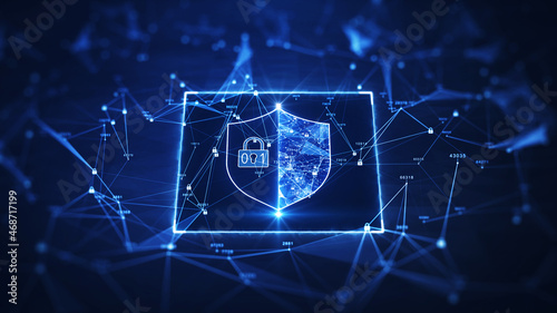 Data protection background is a concept in cybersecurity and privacy technology. There is a shield in the middle. A small padlock binary polygon that acts as a connection. with dark blue background.