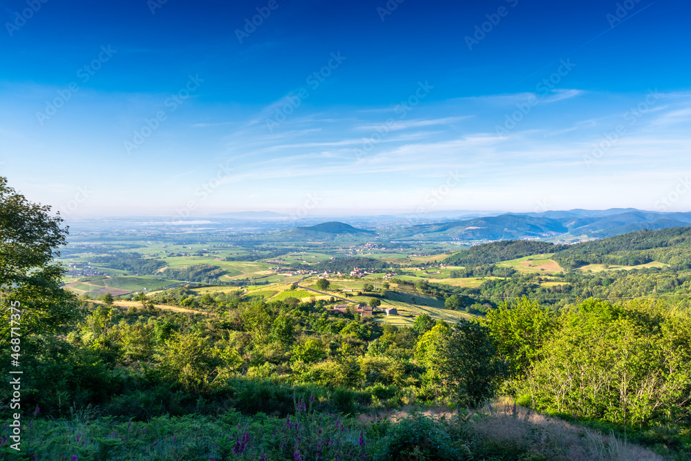 Le Mont Brouilly et le Beaujolais, vue depuis la terrasse de Chiroubles