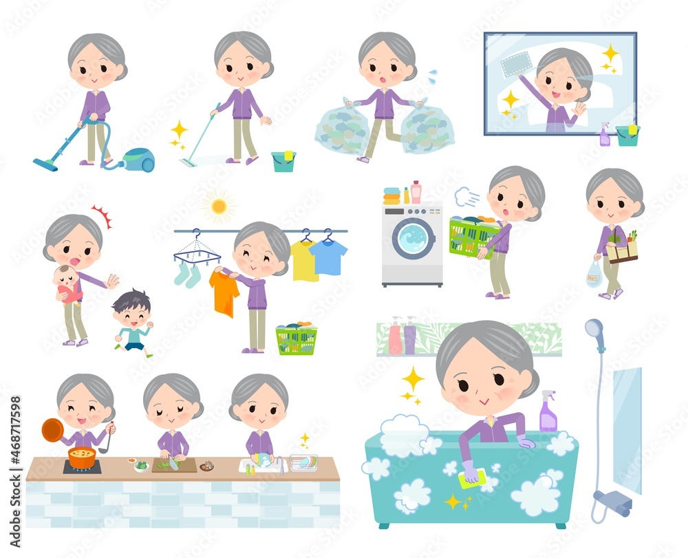 掃除や洗濯など家事に関するジャージ高齢女性のセット