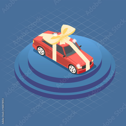 Automobile Car Gift On Podium Isometric Composition