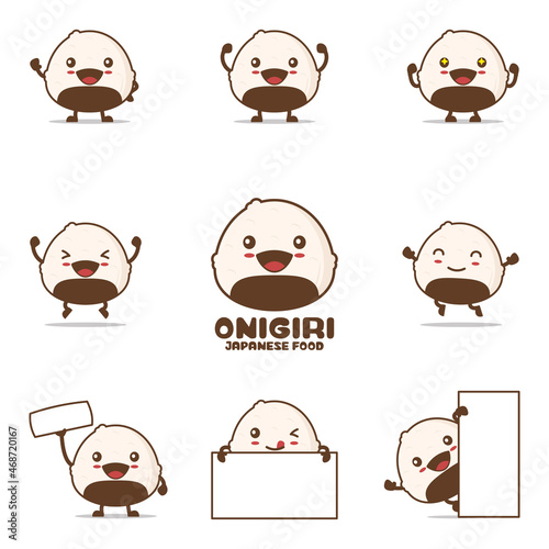 cute onigiri cartoon, japanese food vector illustration, with happy facial expressions and different poses