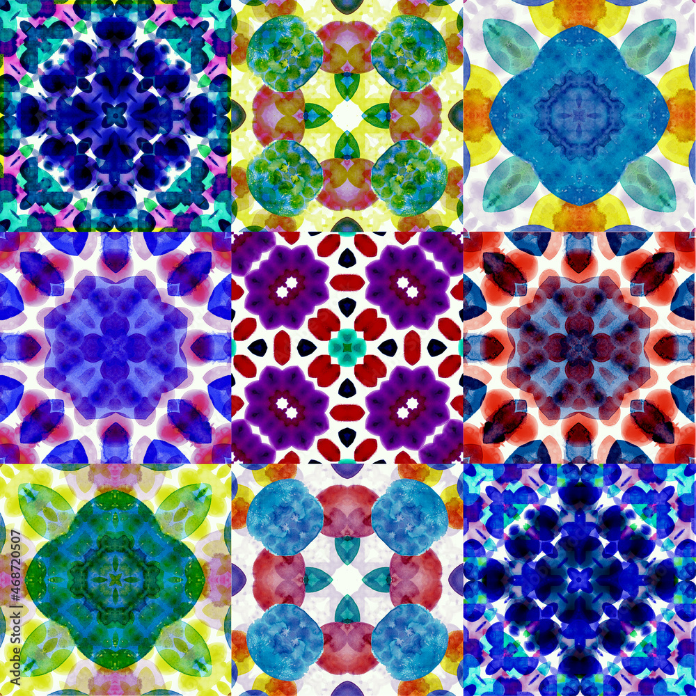 Bright abstract watercolor pattern. Portuguese tiles Azulejo. Spanish majolica. Seamless Mosaic background. Multicolored Flower mandalas.