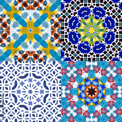 Bright abstract watercolor pattern. Portuguese tiles Azulejo. Spanish majolica. Seamless Mosaic background. Multicolored Flower mandalas.