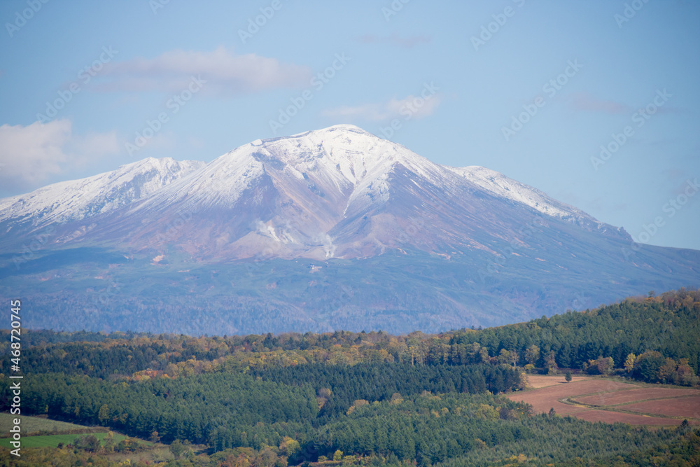 Fototapeta premium 秋の森林と冠雪の山並み