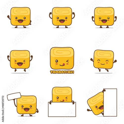 Cute tamagoyaki cartoon, japanese food vector illustration, with happy facial expressions and different poses