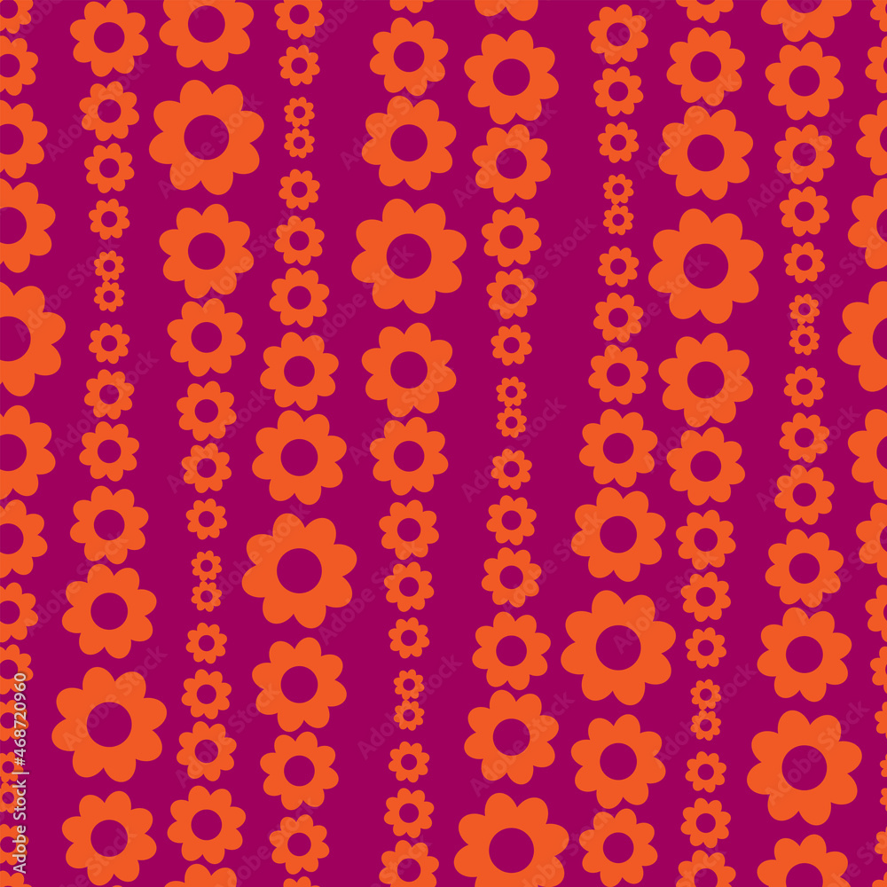 Optical illusion geometric seamless pattern. Abstract stylized geometrical flowers, simple shapes, vector illustration. Bright colors. 60s, 70s style