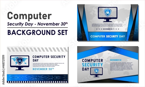 Computer Security Day Background. November 30. Premium and luxury greeting card, letter, poster, or banner. With a monitor, personal computer, shield, and padlock  sign icon vector