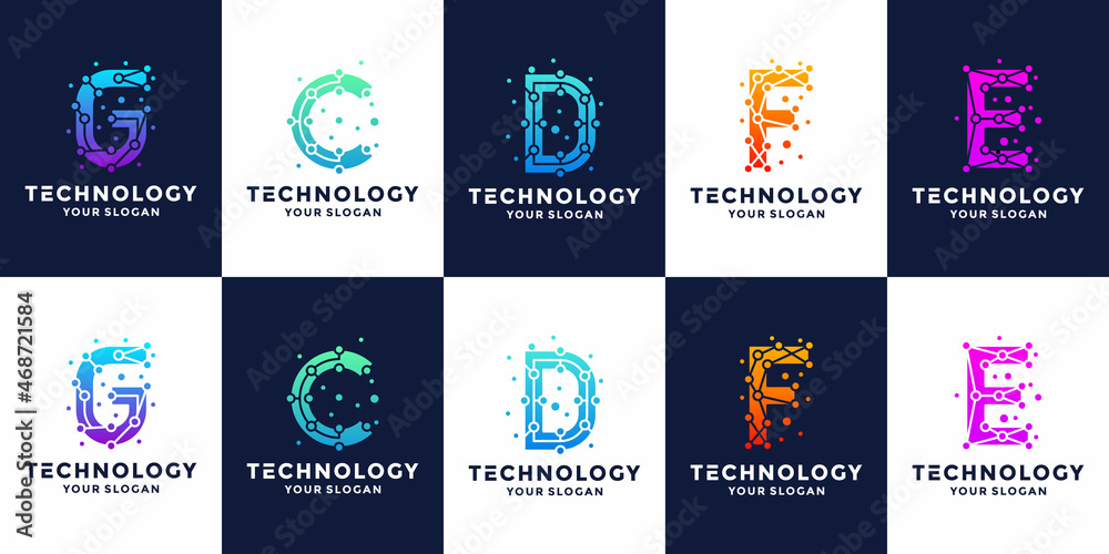 set of letters G C D F E initials technology logo design