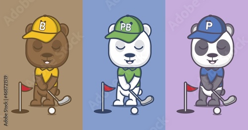polar bear and cute cartoon panda playing golf. vector illustration for mascot logo or sticker