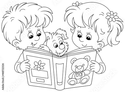 Little girl and boy and their merry puppy friendly smiling and reading an interesting illustrated book for small kids, black and white outline vector cartoon illustration for a coloring book page