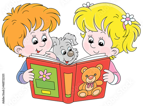 Little girl and boy and their merry puppy friendly smiling and reading an interesting illustrated book for small kids, vector cartoon illustration on a white background