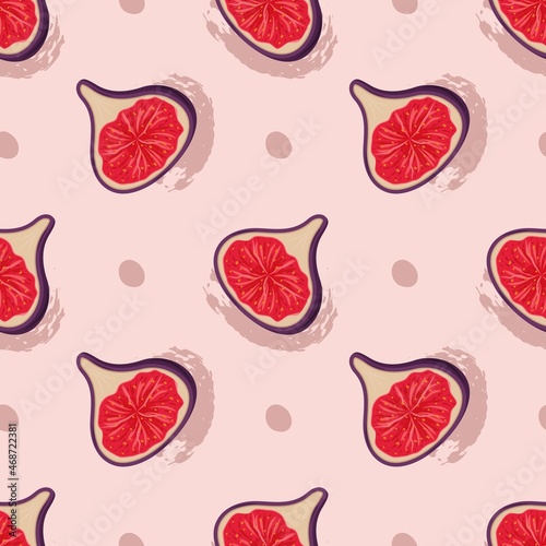 Seamless pattern with halves of juicy figs on a pink background. Brush stroke elements, grunge texture.