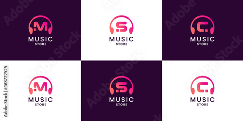 letter m, s, c music concept logo design. combine head phone with initial letter