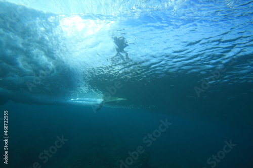 surfer riding a wave viewed from underwater © Neil