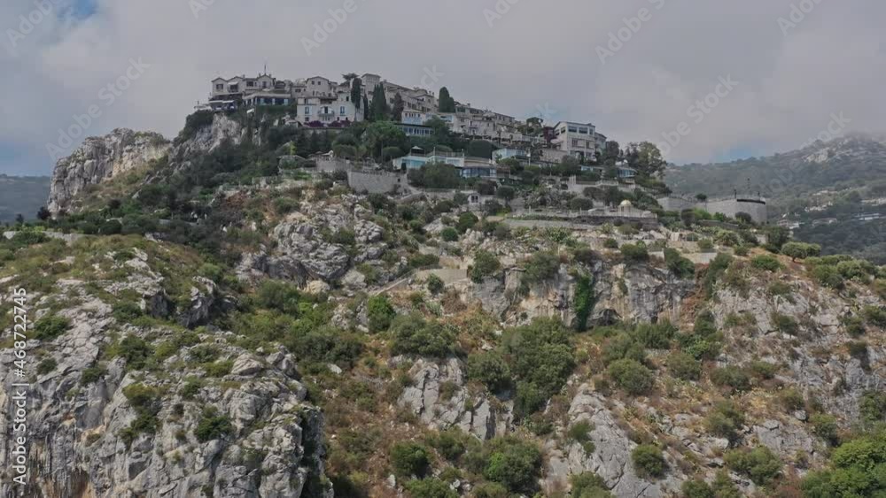 Eze France Aerial v20 close up low level flyover hilltop medieval village, exotic garden and fort ruins, birds eye view from the top of the fortress - July 2021