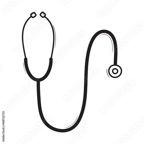 Medical stethoscope line sketch illustration. Hospital equipment vector. Doctor and nurse tool. Doodle style drawing. Clipart, icon, sign, design element