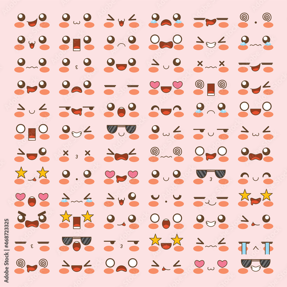 set of cute kawaii emoticon face, eyes and mouth in different expression set of cute kawaii emoticon face, eyes and mouth in different expression