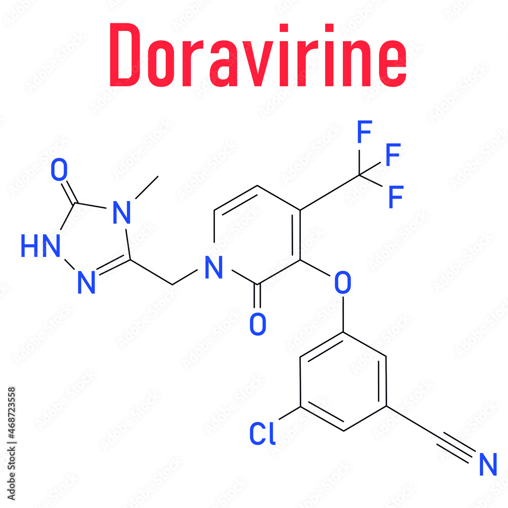 Doravirine HIV drug molecule non-nucleoside reverse transcriptase inhibitor. Skeletal formula. Vector illustration