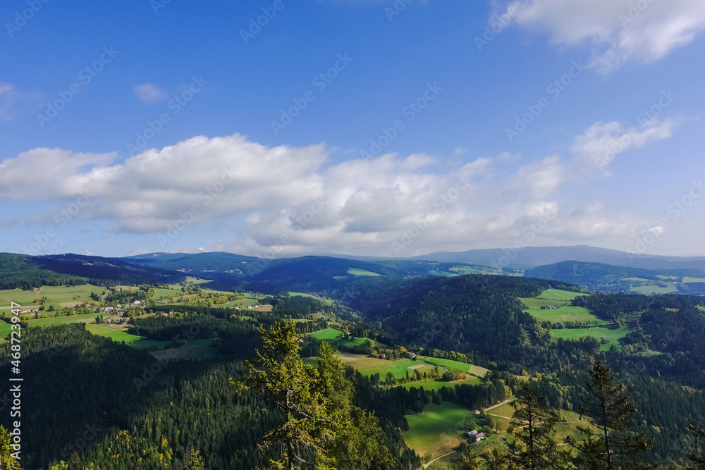 Fototapeta premium green landscape with fields forest and mountains with white clouds on the blue sky