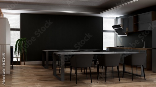 office pantry or kitchen room 3d render interior design for company wall logo mockup