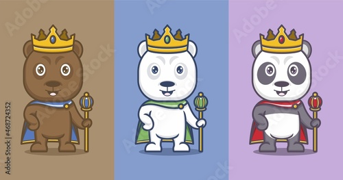 polar bear and cute cartoon panda stylized like a king. vector illustration for mascot logo or sticker