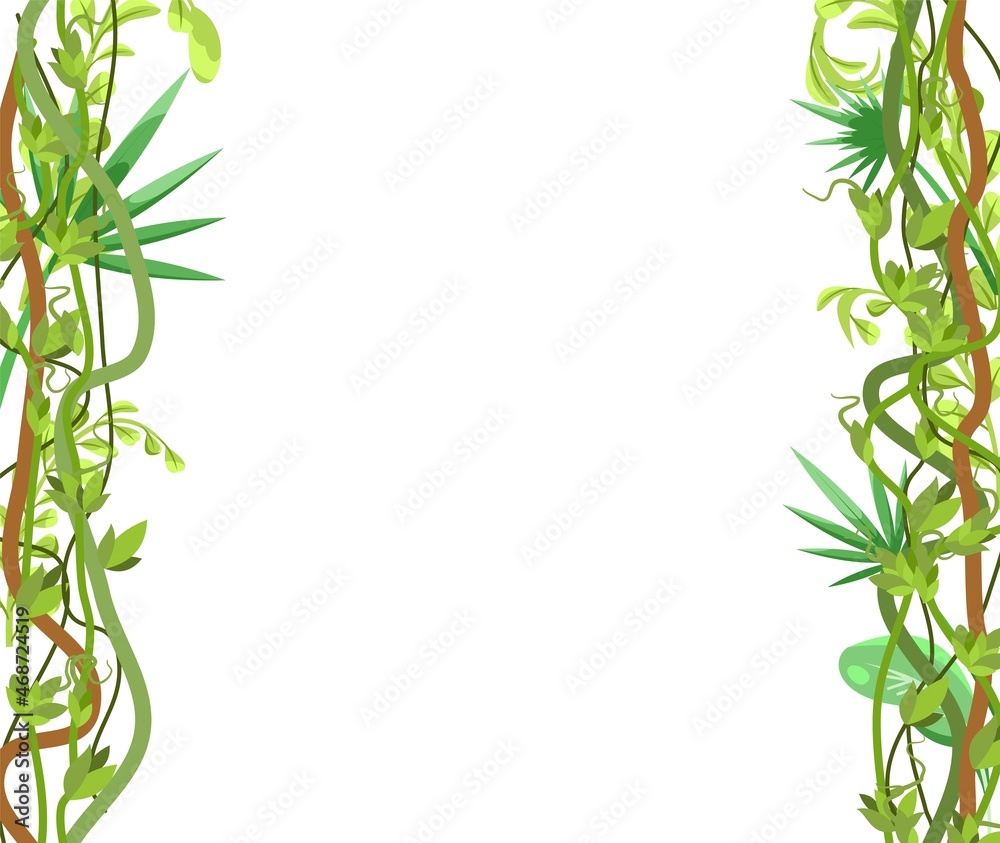 Jungle frame. Green tropical climbing vines, herbs and shrubs. Flat cartoon style. Green exotic landscape. Isolated on white background. Vector.