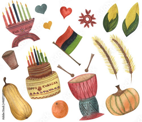 Watercolor big set of illustrations for Kwanzaa celebration, motifs, traditional holiday. White background. 