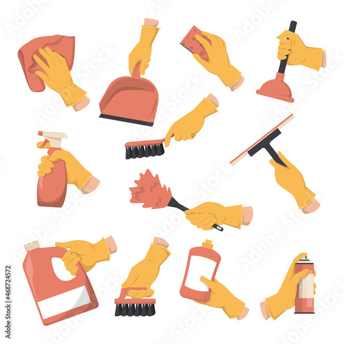 Collection of hands in gloves holding different domestic tools vector isolated. Household equipment, brush, wiper, sponge and plunger. Idea of cleaning service.