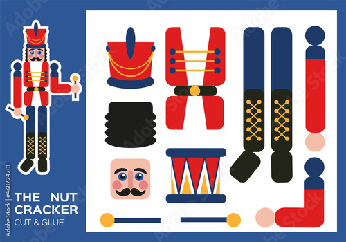 Nutcracker Cut and Glue. Traditional New Year Figurine Nutcracker. DIY Soldier. Worksheets for kids. Activity page. Happy Christmas paper craft game for children. Super motor skills.