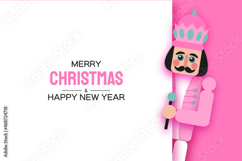 Pink Sugar Christmas Nutcracker in paper cut style. Cute soldier toy. December Ballet party. Creative Merry Xmas invitation. Happy New Year. Winter holidays. Space for text.