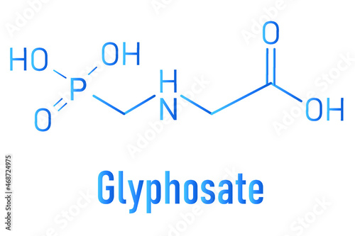 Glyphosate herbicide molecule. Crops resistant to glyphosate (genetically modified organisms, GMO) have been produced by genetic engineering. Skeletal formula.	
