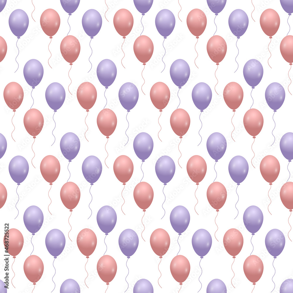 Blue and pink balloons on a white background, seamless pattern.
