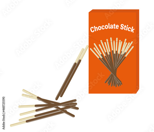 散らばる複数のスティックチョコレートとパッケージの箱のセット