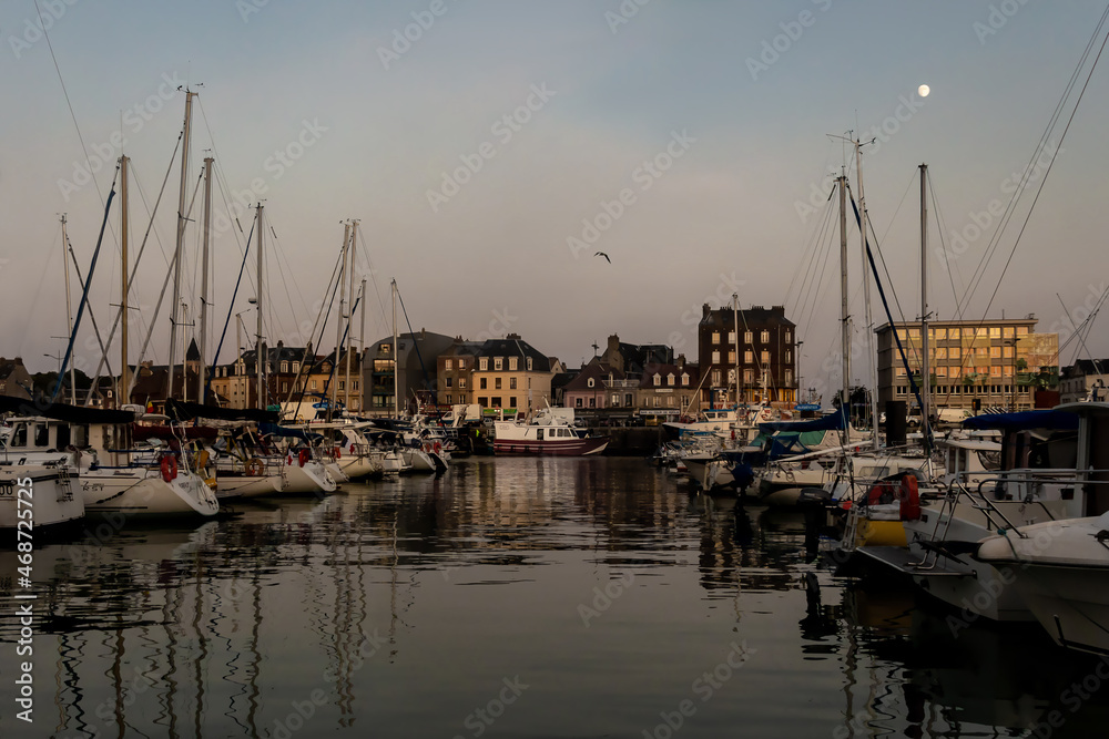 Marina of Dieppe, a city in Normandy, quiet summer evening, twilight