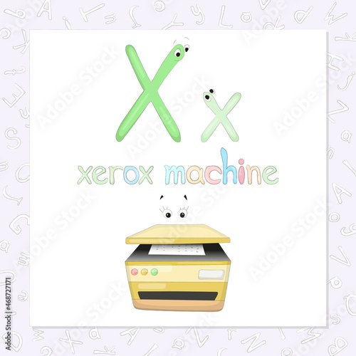 The capital and lowercase letters Xx in the form of cute characters. The word, starting with x, and funny image, which looks like a kind character. Sweet home series for the development of imagination