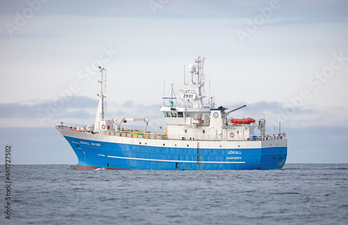 Husavik, Iceland on August 2, 2021: Commercial pelagic fishing vessel fishing in Icelandic waters