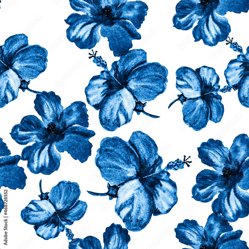 Cobalt Hibiscus Set. Blue Seamless Texture. Azure Flower Garden. Navy Watercolor Textile. Indigo Pattern Design. Azure Tropical Textile. Summer Textile.