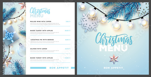 Restaurant Christmas holiday menu design with christmas desoration. Vector illustration
