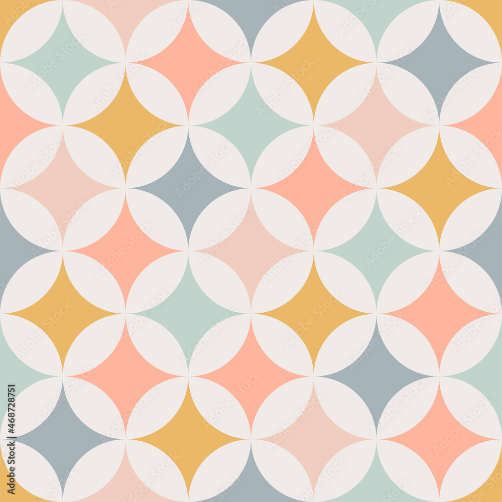Contemporary geometric seamless mid-century pattern with simple retro shapes, stars and circles. Abstract vector background of natural tones on a light background in scandinavian style for kids.
