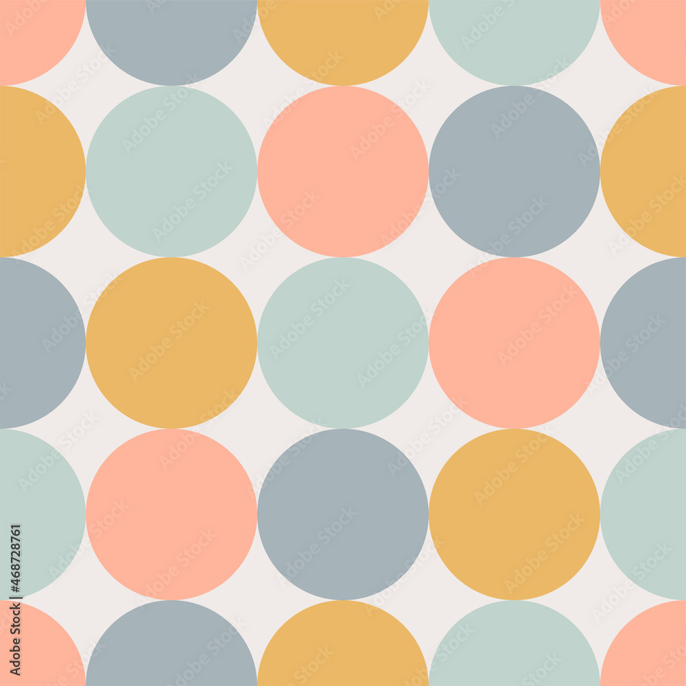 Contemporary geometric seamless mid-century pattern with circles in pastel retro palette on a light background. Abstract vector background in scandinavian style. Trendy graphic bauhaus design. Contemporary geometric seamless mid-century pattern with circles in pastel retro palette on a light background. Abstract vector background in scandinavian style. Trendy graphic bauhaus design.
