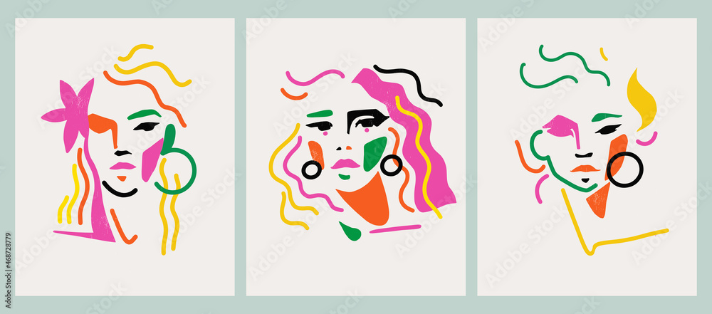 Obraz premium Abstract hand drawn modern trendy female faces in vibrant color palette. Set of stylish minimalistic contemporary graphic prints with abstract women.