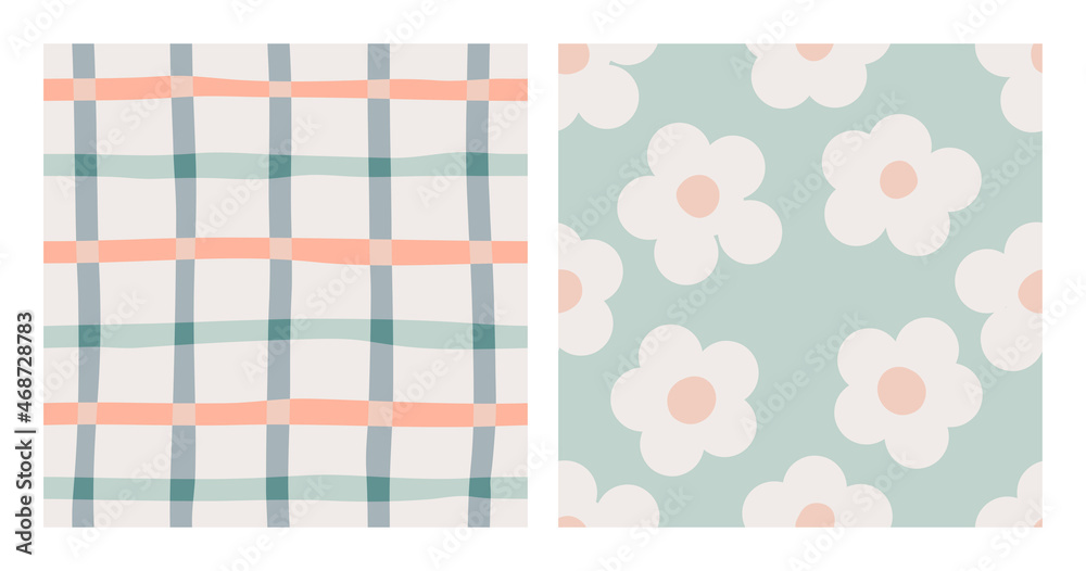 Set of naive seamless boho patterns with doodle checkered pattern and white daisies of natural tones. Contemporary minimalistic trendy backgrounds for kids. Scandinavian nursery print.