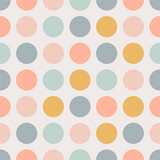 Contemporary geometric seamless mid-century pattern with circles in pastel retro palette on a light background. Abstract vector background in scandinavian style. Trendy graphic bauhaus design.