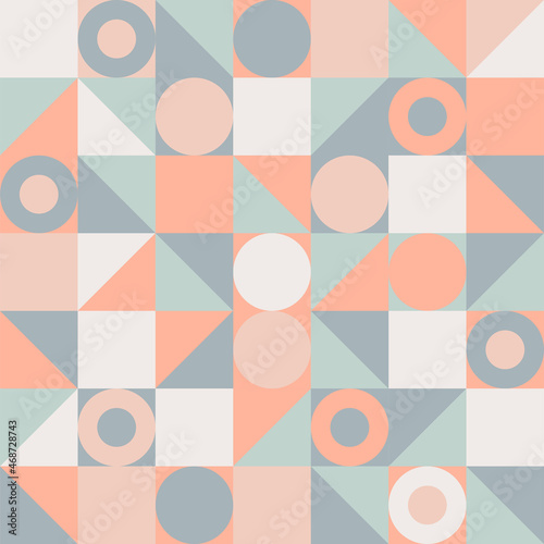 Contemporary geometric seamless pattern with circles, squares in pastel retro palette. Abstract vector background in scandinavian style. Simple Modern trendy graphic bauhaus design.