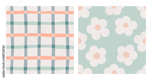 Set of naive seamless boho patterns with doodle checkered pattern and white daisies of natural tones. Contemporary minimalistic trendy backgrounds for kids. Scandinavian nursery print.