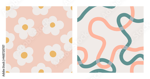 Set of naive seamless boho patterns with with crazy colorful doodle lines and white daisies of natural tones. Contemporary minimalistic trendy backgrounds for kids. Scandinavian nursery print.
