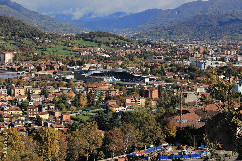 Italy, Bergamo Alta: Aerial view of Bergamo with the Atalanta stadium.