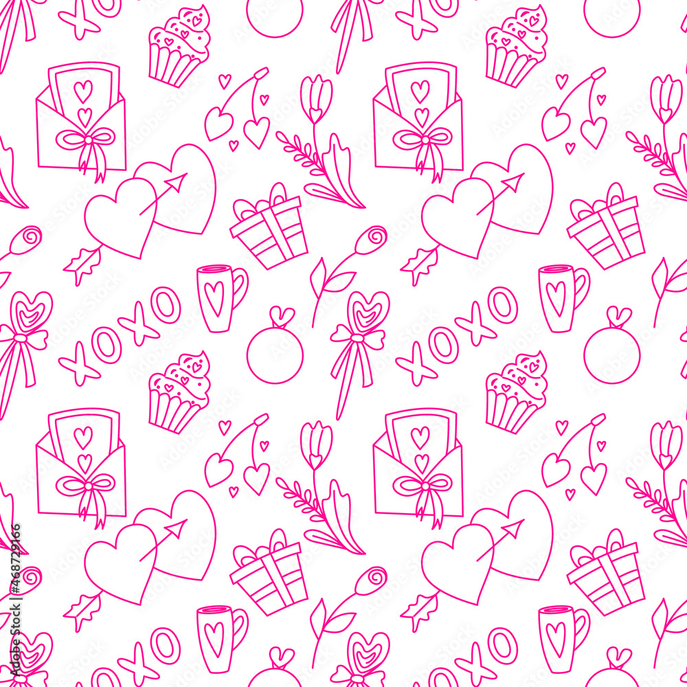 Seamless vector pattern with heart, gift box, candy, key, rose, flowers, ring, envelope with a letter, cupcake in doodle style. Background for Valentine's Day.